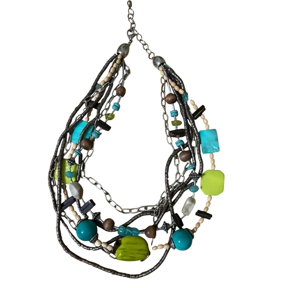 Boho Layered Statement Necklace Turquoise‎ Green Wood Beads Chunky Multi Strand